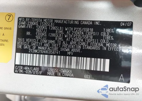 2008 Lexus Rx 350 z USA, uszkodzony, nr VIN 2T2HK31U48C058741